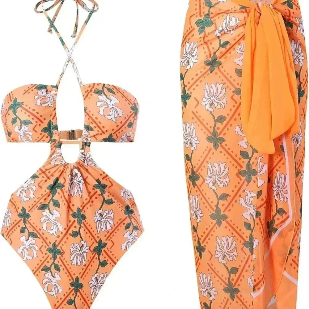 One Piece Swimsuit With Cover Up Sarong, Cut Out Swimsuit With Coverup Sarong